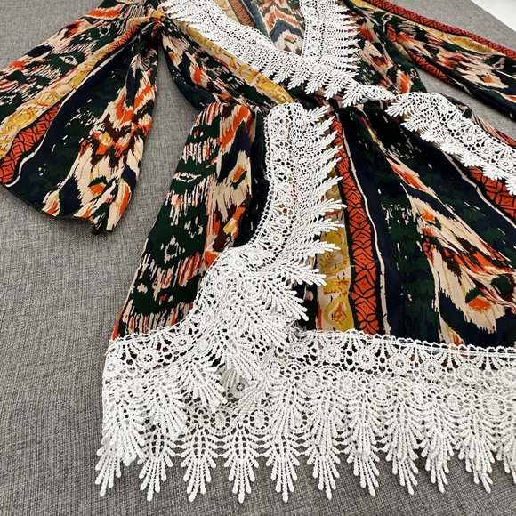 SHOP WTD Romper Crochet Detail Lightweight Medium Low V-Neck Wide Sleeves - Picture 3 of 12